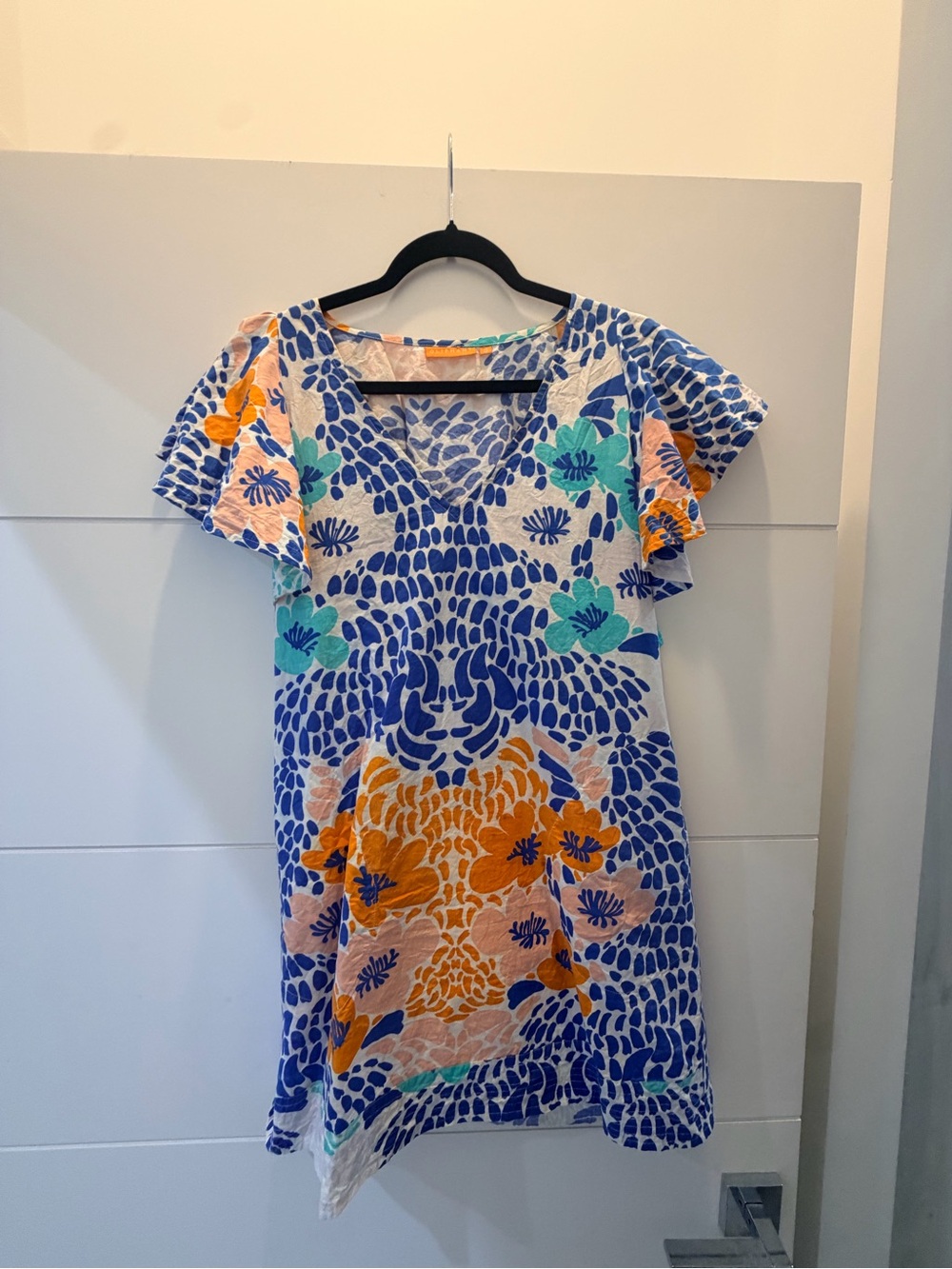 Oliphant Blue & Orange Floral V‑Neck Mini Dress